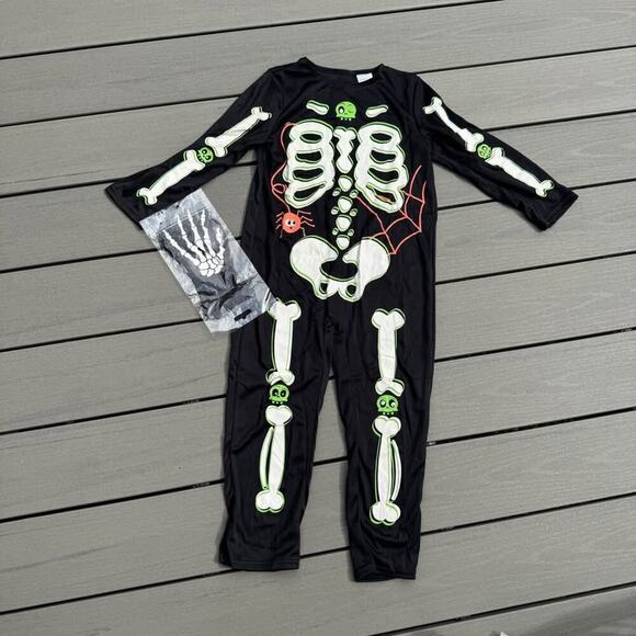 Kids Size 5-6 Years Skeleton Glow-in-The-Dark Costumes with Gloves - Picture 1 of 5